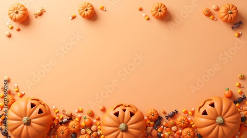 Festive halloween background with carved pumpkins and autumn decorations on a soft orange surface