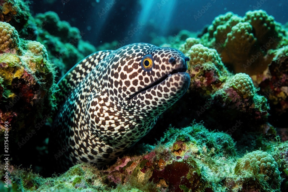 Fototapeta premium Spotted moray eel Gymnothorax moringa rests among coral reef. Underwater sea creature with spotted pattern swims in ocean habitat. Marine life in clear blue water.