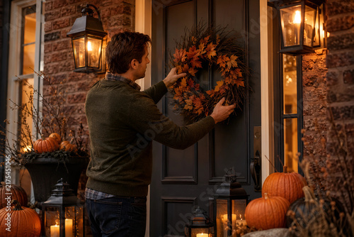 : An adult man carefully hangs a wreath of autumn leaves and twigs on a dark front door. Pumpkins and lanterns by the porch create warm, polished Halloween home decor.
