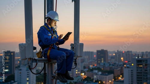 A telecommunications technician in safety gear uses a tablet while seated on a tall communication tower overlooking a city skyline during twilight.