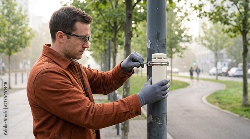 Plakat Technician mounts a passive sampler beside trees