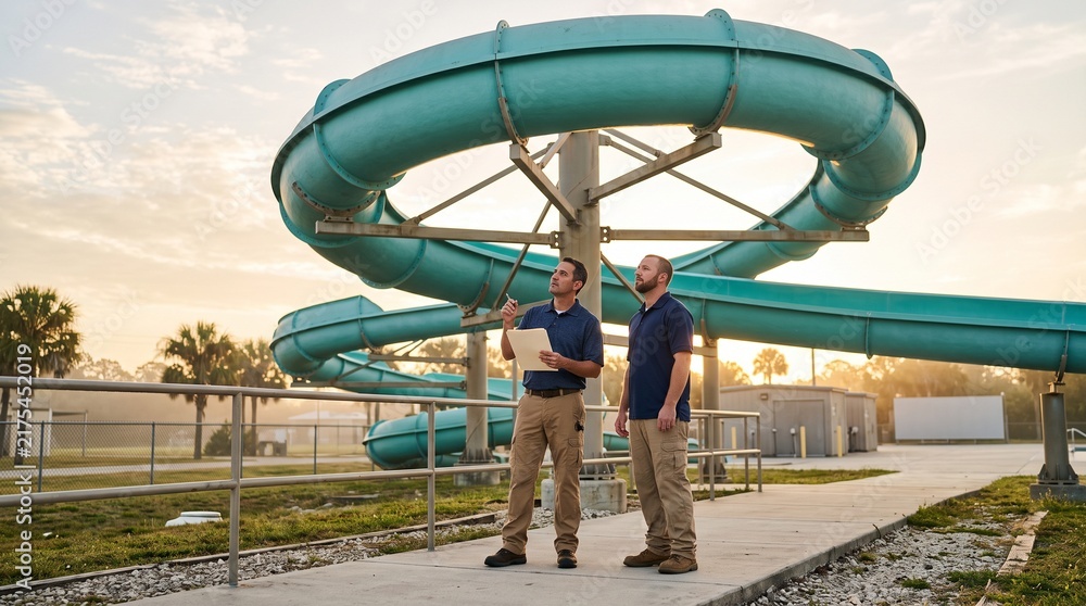 Fototapeta premium Maintenance team checks dry looping water slide