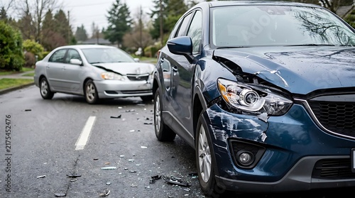 Two damaged cars sit on a wet road after a serious traffic accident involving vehicles