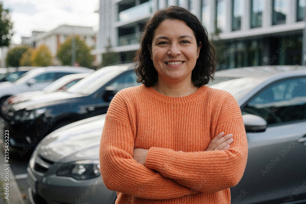 Obraz premium Smiling woman stands outdoors with arms crossed in New Zealand. She wears an orange sweater near parked cars with modern buildings in background. Confident woman happy lifestyle.