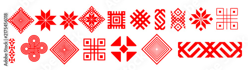 Vector red set of seamless national ornament. Ethnic pattern of Slavic peoples, Cross stitch template.