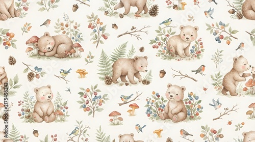 Seamless pattern with cute baby bears, forest plants, mushrooms and birds in watercolor style