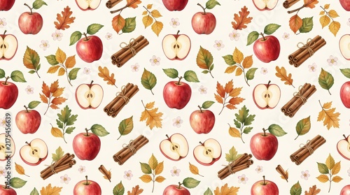 Seamless pattern with red apples, cinnamon sticks and autumn leaves on white background