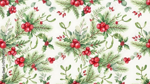 Watercolor Christmas seamless pattern with holly berries and pine branches