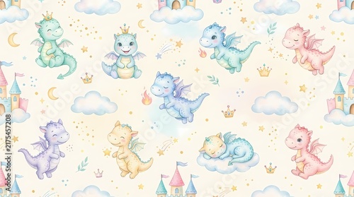 Cute watercolor baby dragon seamless pattern with castles and clouds for nursery decor