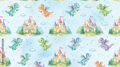 Seamless pattern with cute watercolor dragons and fairy tale castles on blue background