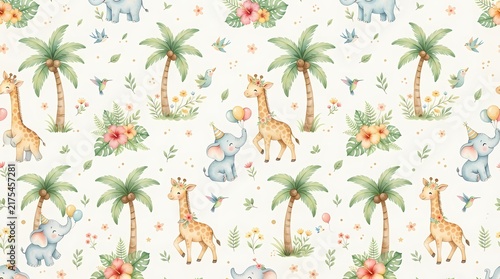 Watercolor seamless pattern with cute baby animals, tropical palm trees and floral elements