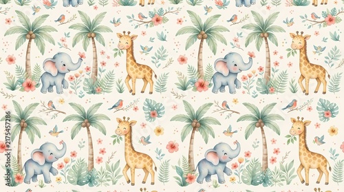 Seamless pattern with cute watercolor baby elephants and giraffes in a tropical jungle