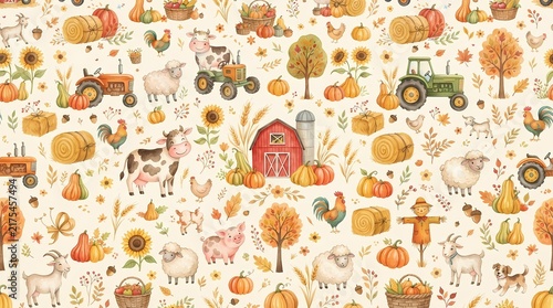 Watercolor farm pattern with tractors, animals, and pumpkins for autumn harvest design