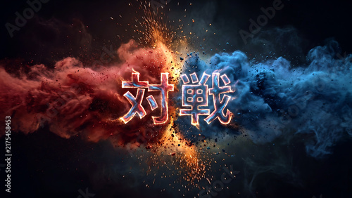 Tapety artystyczne 橙と青緑の粉塵がぶつかり合い対戦の文字が中央に立ち上がる暗い画面