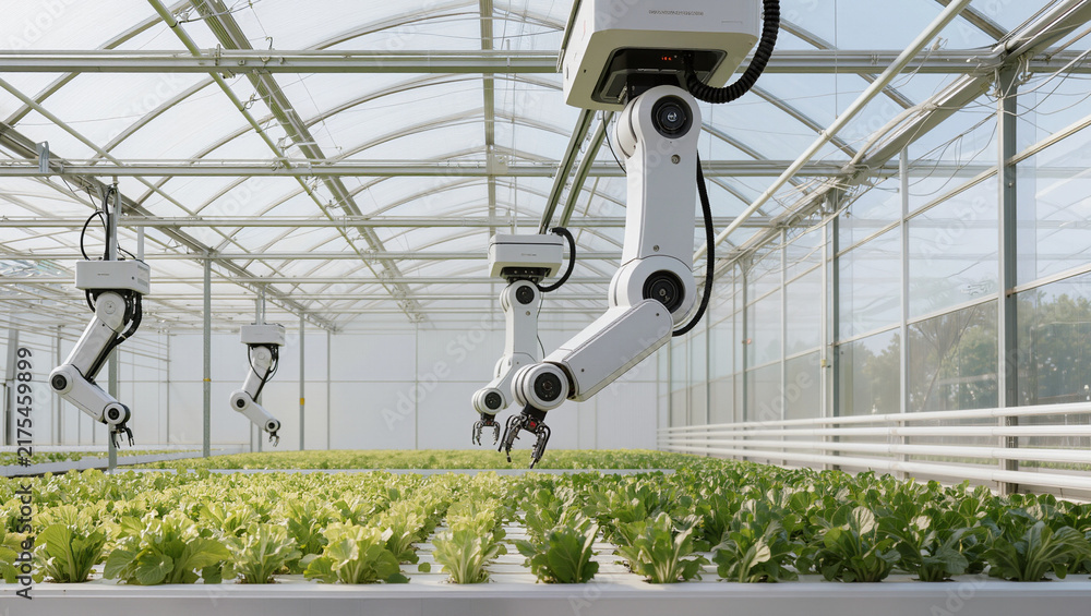 Obraz premium Robotic arms automate greenhouse crop production, representing smart farming, precision agriculture, technology, efficiency, and future food production.