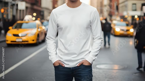 A stylish person in a plain white long-sleeve t-shirt mockup stands confidently on a busy city street, perfect for displaying your fashion designs and casual apparel brands.