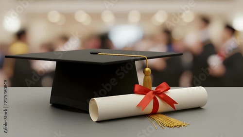 Black mortarboard cap and rolled academic diploma tied with a vibrant red silk ribbon resting on a clean surface during a festive graduation ceremony celebration