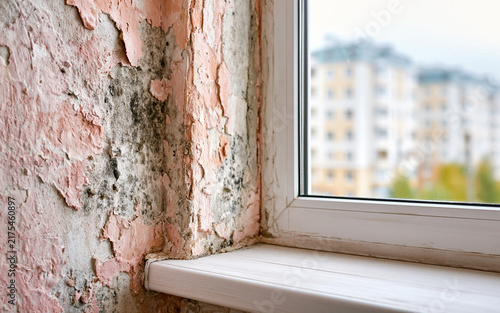 Black mold growth on wall near window with peeling paint