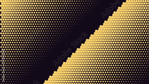 Konstfotografi Yellow circular dot halftone pattern on a dark background, diagonal split with v