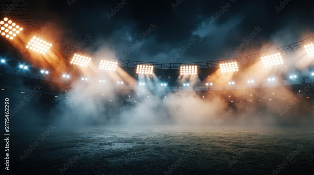 Obraz premium Empty stadium lights shine through fog creating dramatic atmosphere. Dark clouds loom overhead over arena field. Sports venue lighting creates moody background.