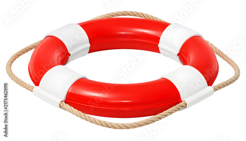 Fotografía Red Lifebuoy Ring with White Bands and Coiled Rescue Rope