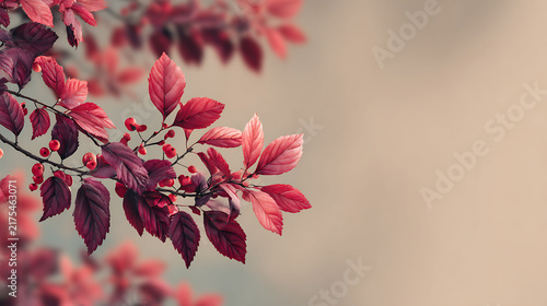 Red autumn leaves and small berries on branch background