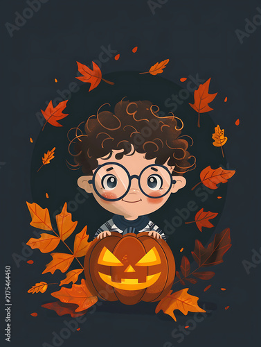 Flat vector cute little boy with glasses holding glowing pumpkin surrounded by autumn leaves
