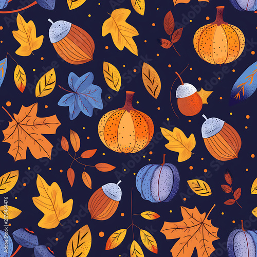 Seamless flat vector autumn Thanksgiving pattern with pumpkins acorns and leaves on dark blue