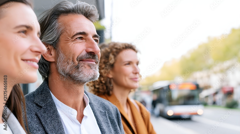 Fototapeta premium Three people smile while standing near a street.