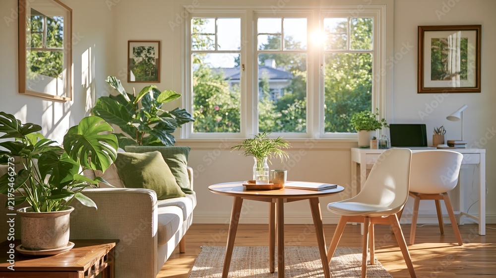 Fototapeta premium Sunlight streams through large windows into a cozy living space.