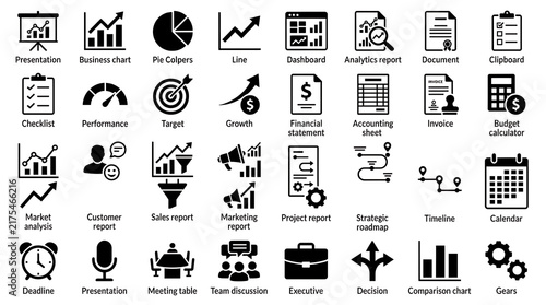 Vector icon set of financial charts, strategic plans, accounting sheets, and project management tools on transparent background.