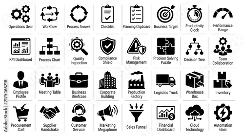 Detailed assortment of black enterprise symbols representing administrative tasks, commercial operations, and industrial production.