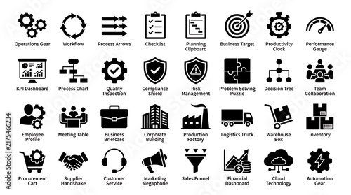 Black business and management vector icons set featuring corporate operations, logistics, marketing, and finance symbols.