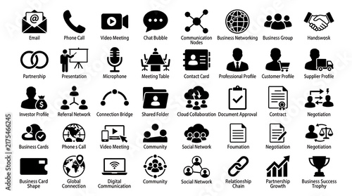 Corporate graphic design featuring a comprehensive collection of enterprise strategy and networking symbols.