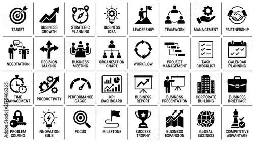 Business strategy icons collection displaying targets, growth arrows, strategic planning, and leadership milestone symbols.