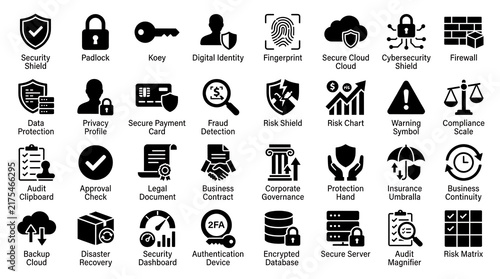 Security icon collection illustrating cybersecurity shields, padlocks, digital keys, identity protection, fingerprint sensors, secure cloud servers, firewalls, and data backups.