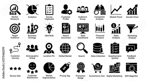 Corporate symbol collection featuring marketing research tools, analytics pie charts, survey clipboards, customer profiles, audience groups, and financial analytics graphs.