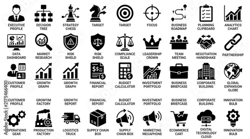 Business management icons displaying executive profiles and corporate structures clearly.