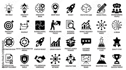 Innovation and startup concept icons displayed in a clean grid layout.