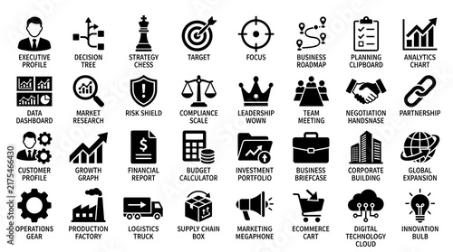 Corporate business icons showcasing strategy management and financial growth symbols.