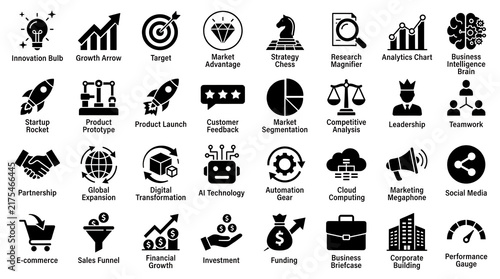 Set of black business and startup icons arranged neatly on a clean transparent background.