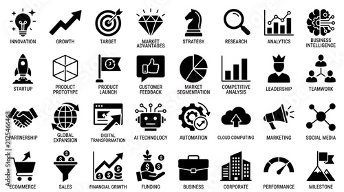 Business concept icons arranged in a grid showing startup strategy management analytics and financial growth elements.