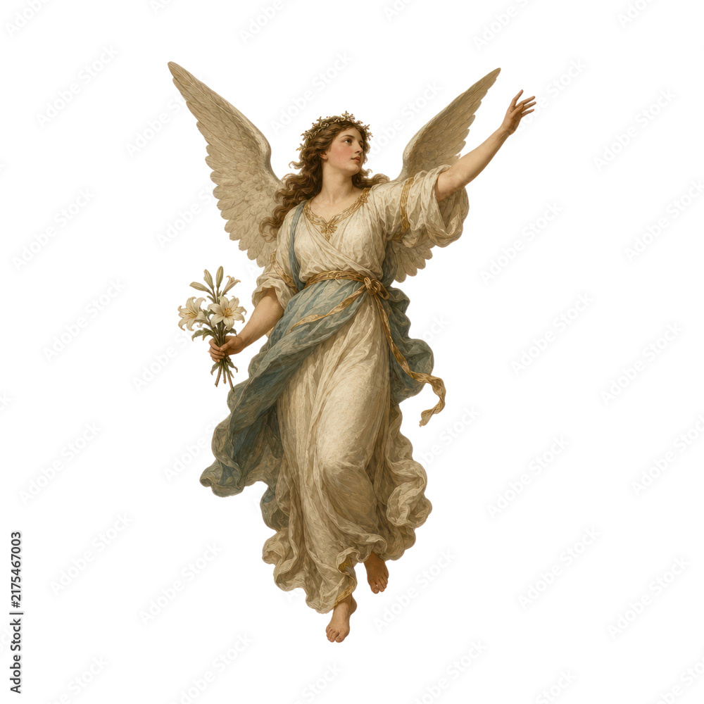 Fototapeta premium Angel with wings holding flowers, PNG with transparent background.