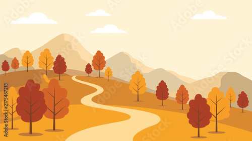 Flat vector illustration of an autumn landscape with winding road and colorful trees against mountains