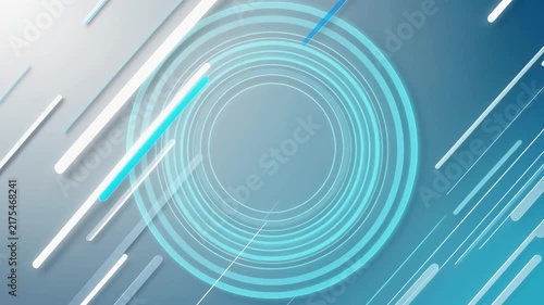 白い背景に青い円弧と同心円が重なり未来的な情報空間を作る