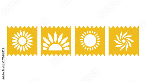 Sun Symbol Collection: A vibrant graphic collection showcasing four distinct yellow sun designs, each framed within a decorative perforated banner, evoking warmth and positivity.