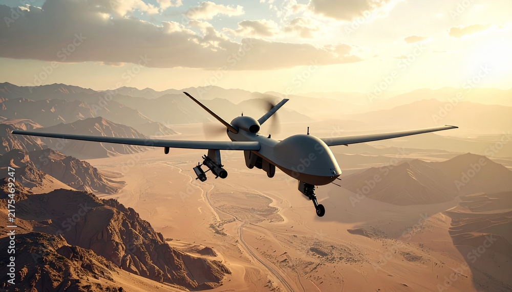 Obraz premium A military combat drone flies over a desolate, sunlit mountain desert, evoking themes of surveillance and power. Nobody is present. Hightech aerial warfare concept, perfect for defense media.