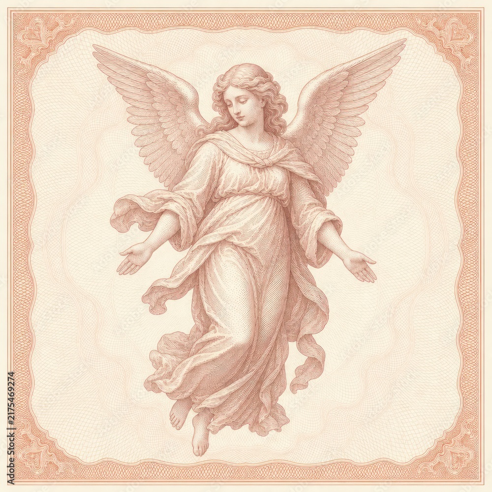 Fototapeta premium Vintage illustration of an angel with wings in flowing robes, sepia tones.