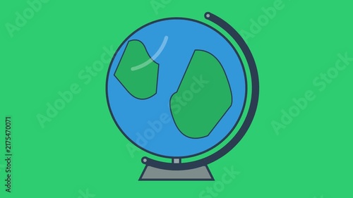 Minimalist flat vector illustration of a world globe on a stand against a green background, perfect for geography, education, and travel themes
