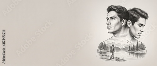 Double exposure portrait of a man with landscape silhouette in sketch art style
